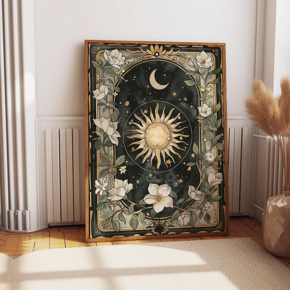 Celestial Garden Art Poster - Sun, Moon, And White Floral Blooms